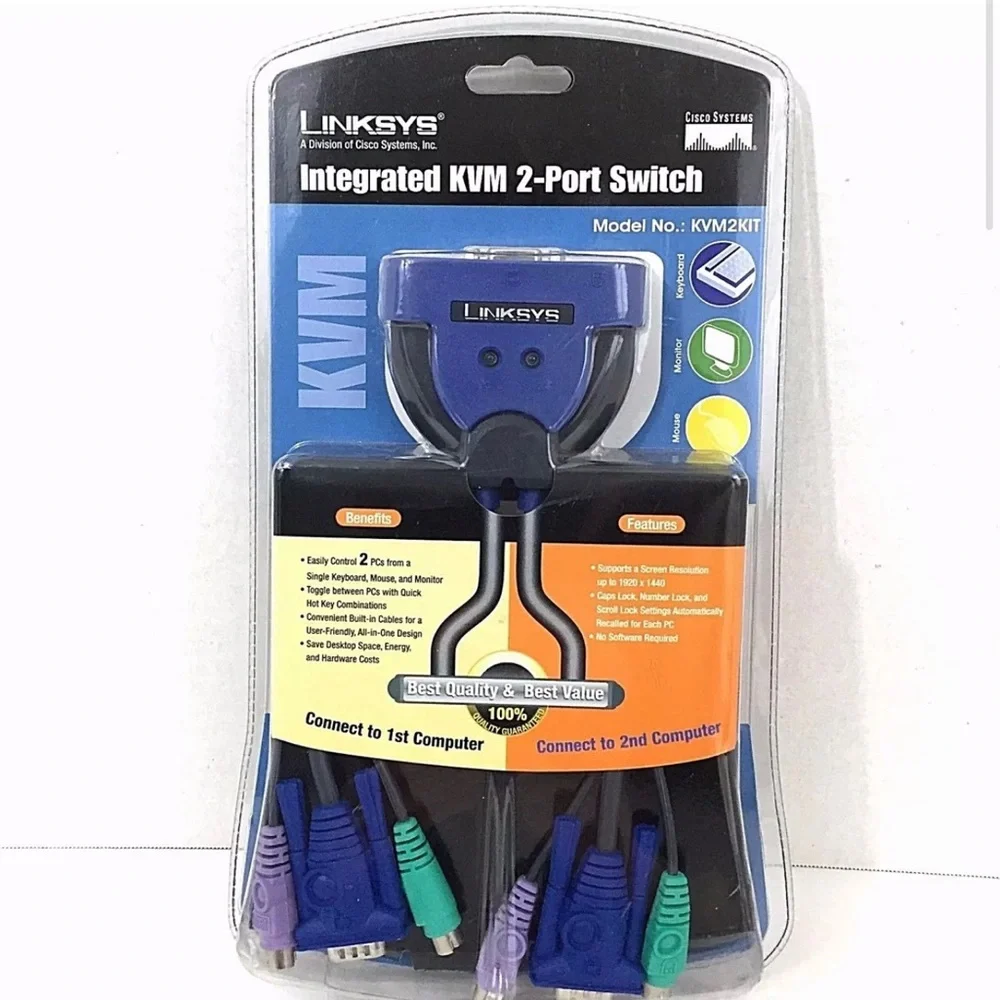 Linksys Integrated KVM 2 Port Switch KVM2KIT Built In Cables Control 2 PC Cisco